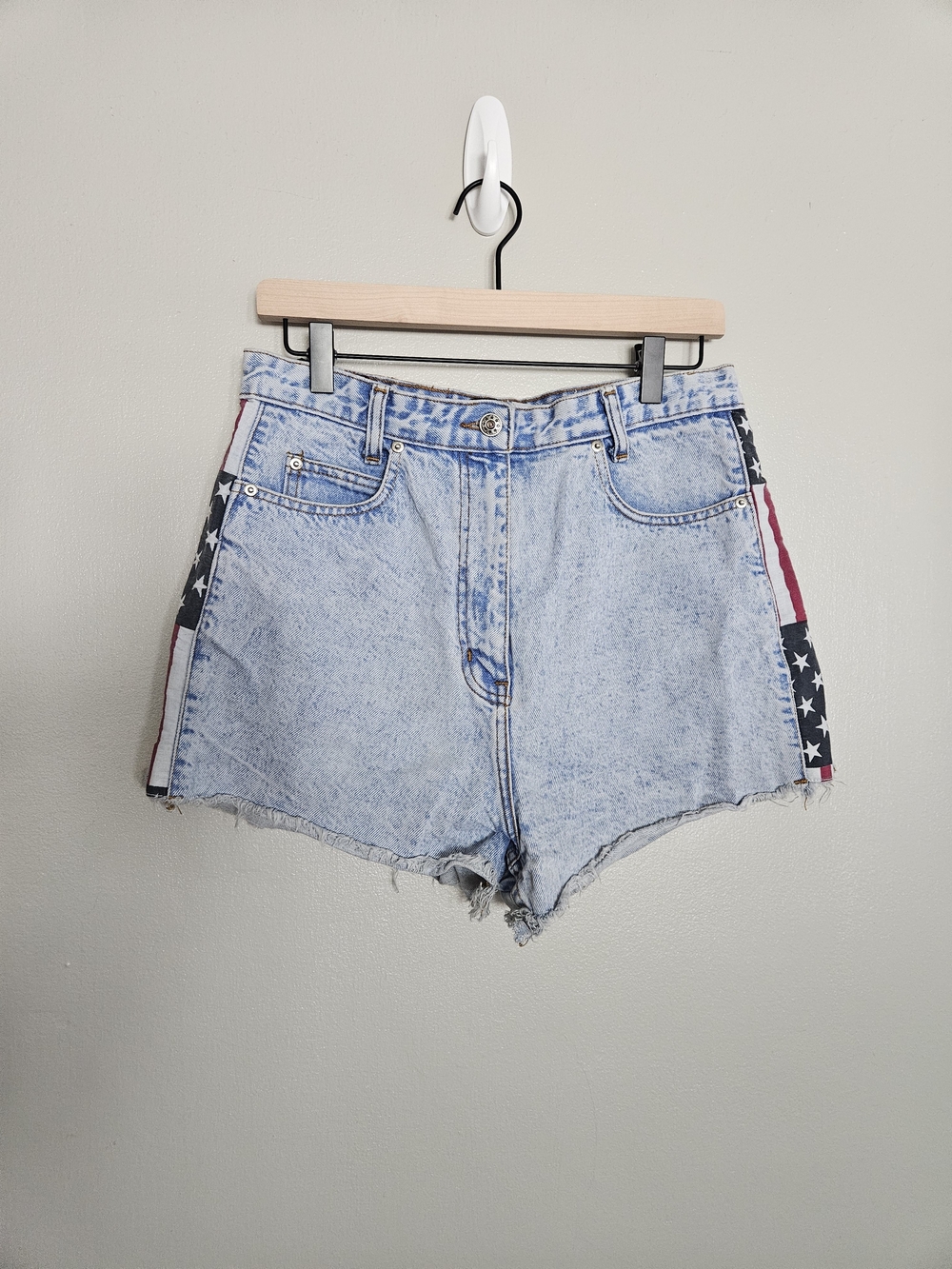 High-Rise Light Blue Acid-Wash Denim Shorts with Star Stripe Side Panels